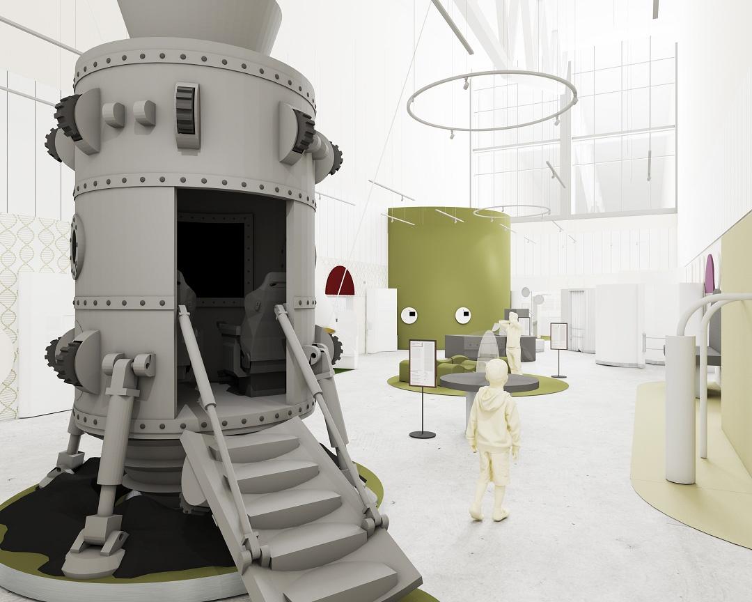 Wizualizacja przedstawiająca salę ekspozycyjną. Na pierwszym planie widoczne urządzenie w formie rakiety.