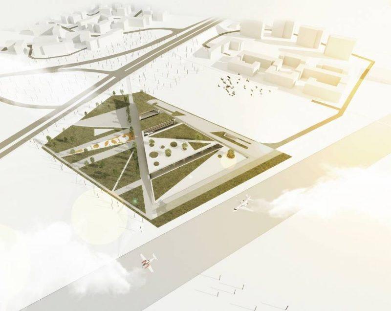 Wizualizacja przedstawiająca budynkek Cogiteonu z lotu ptaka. Widoczny zielony dach, ogród, pas startowy lotniska oraz okoliczne osiedla mieszkaniowe.