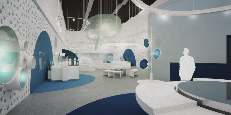 Wizualizacja przedstawiającą salę ekspozycyjną. Widoczne urządzenia oraz białe meble. Na ścianach niebieskie wzory.