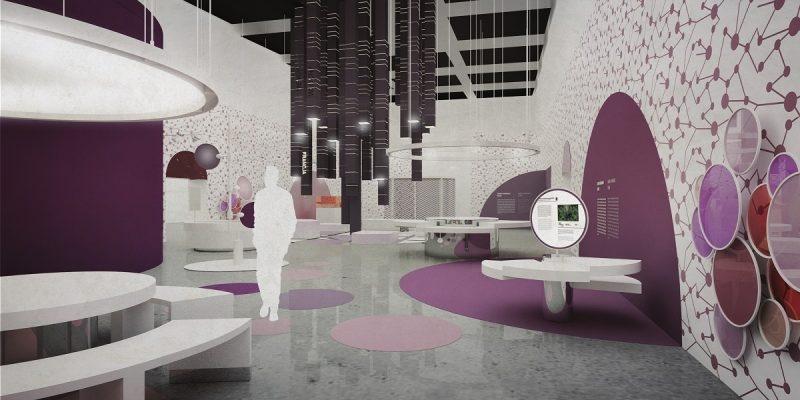 Wizualizacja przedstawiającą salę ekspozycyjną. Widoczne urządzenia oraz białe meble. Na ścianach fioletowe wzory.