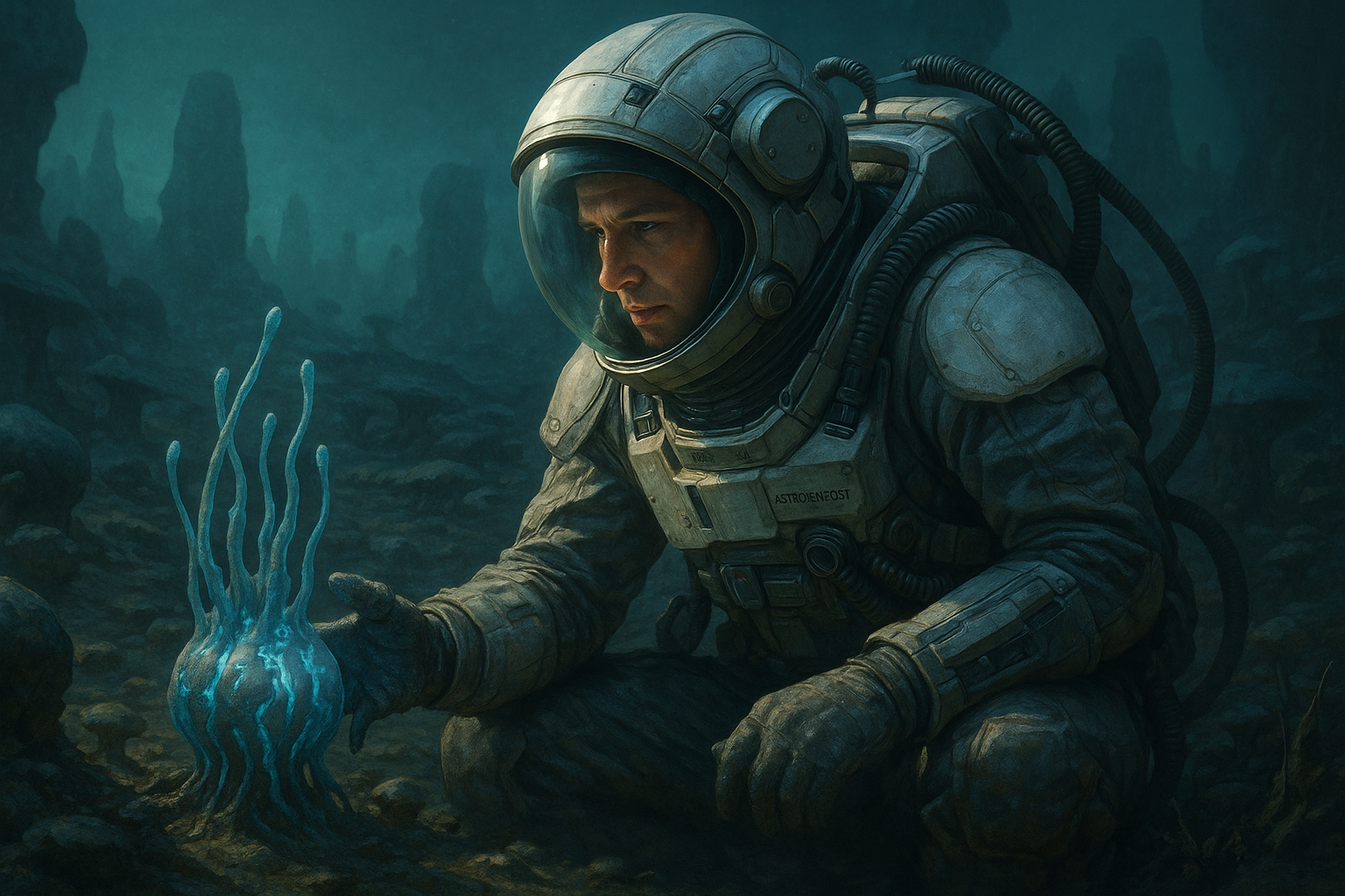 Rysunek pokazujący astronautę, który napotyka obcą formę życia