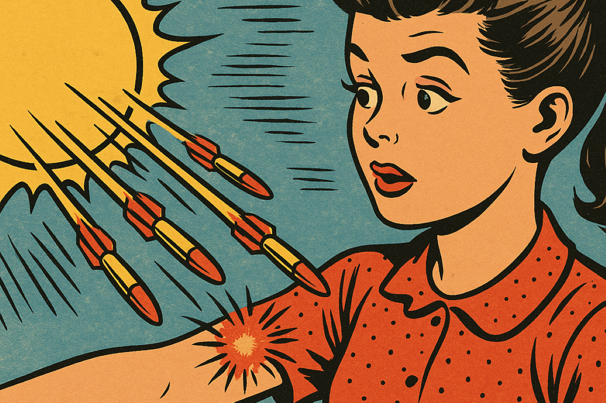 Komiks pokazujący promienie ze Słońca, które jak rakiety uderzają w skórę dziewczyny.