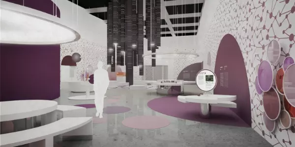 Wizualizacja jednej z sal wystawy stałej. Widoczne białe meble oraz fioletowe dekoracje na ścianach. W głębi instalacje interaktywne.