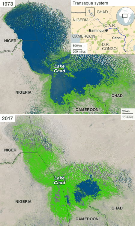 Zmiany powierzchni jeziora Czad. za: BBC, www.bbc.com/news/world-africa-43500314