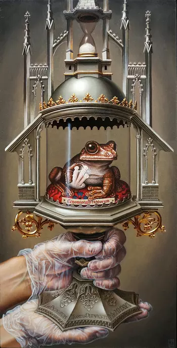 Madeline von Foerster – Reliquary for Rabb’s Frog. Praca poświęcona panamskiej żabie Ecnomiohyla rabborum, której ostatni egzemplarz zmarł w 2016 roku. Madeline von Foerster